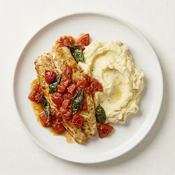 Tomato Basil Baked White Fish with Butter Potato Mash